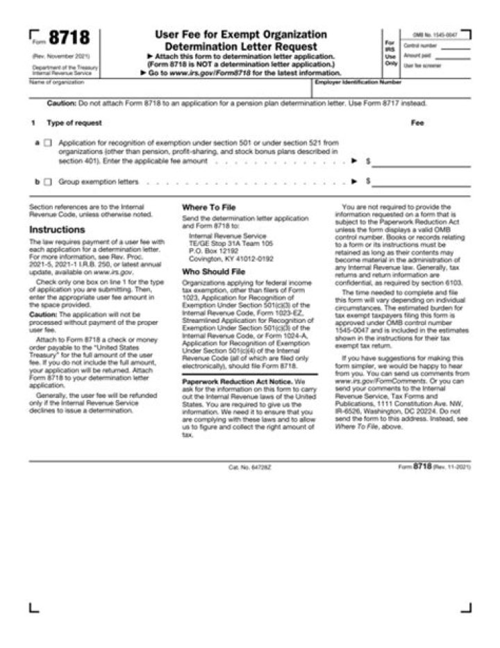 How much is the user fee for Exempt Organization Determination Letter Request?